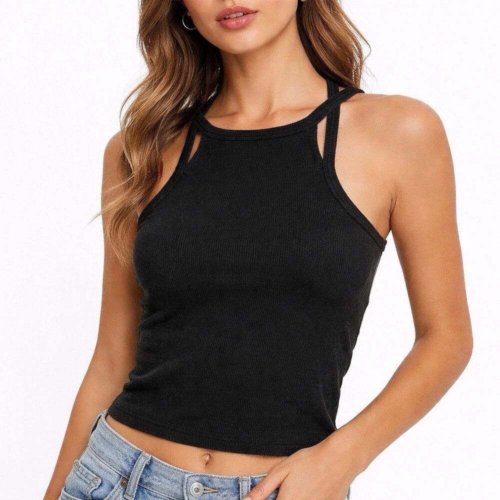 Daily Practice Anthropologie Tank Top Faded Black Cutout Ribbed Size Large